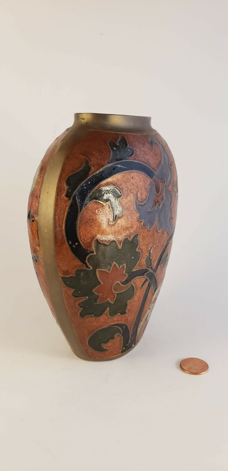 Vintage Solid Heavy Brass Vase with handpainted flower design