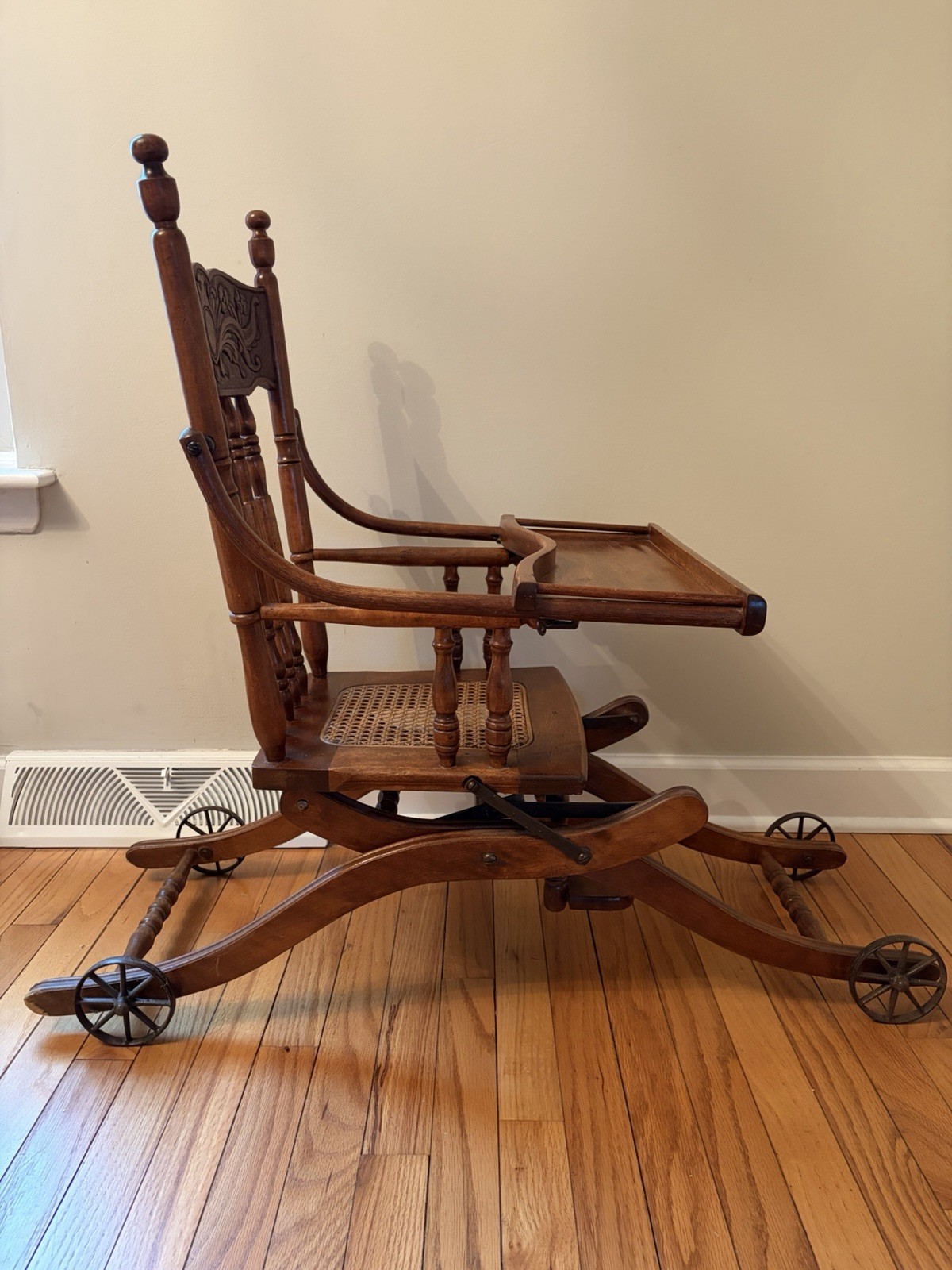 Antique Early 1900s Wood Cane Folding Adjustable High Chair Wheels LOCAL PICKUP