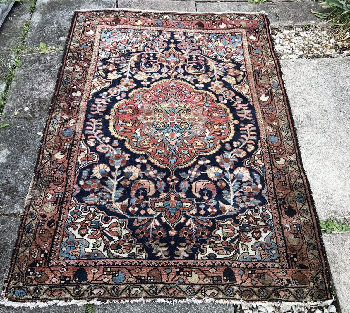 Afghan rug Antique vintage Turkmen Egyptian hand woven distressed worn 61″ x 42″