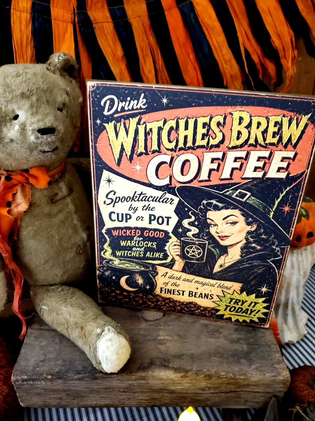 DRINK WITCHES BREW COFFEE OLD PRIMITIVE RETRO VINTAGE STYLE HALLOWEEN STORE SIGN