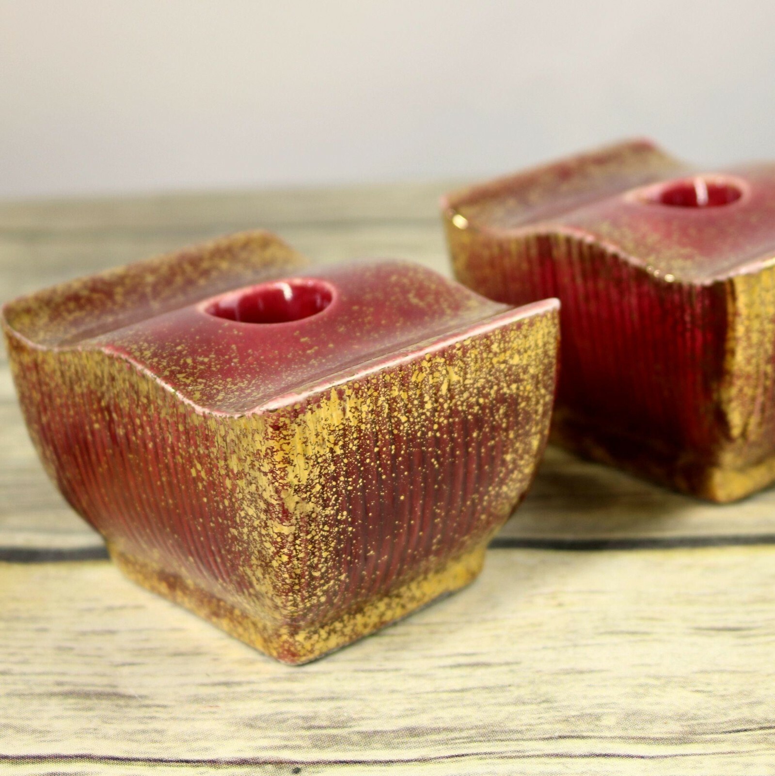 Art Deco Candle Holders Candlestick Mauve Gold Speckled Ceramic Vintage