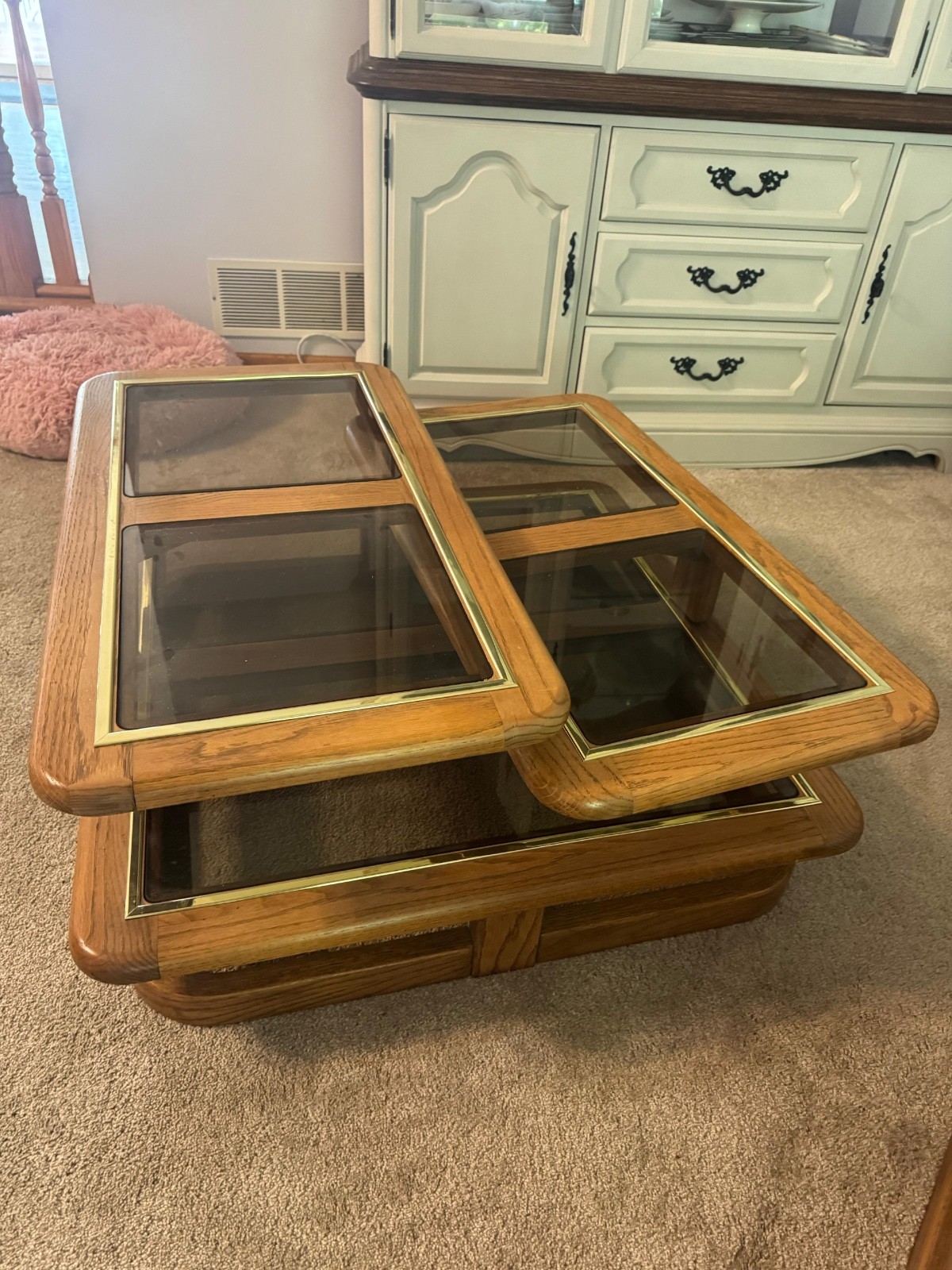 1980’s Oak Swivel Glass Coffee Table Three Tiered Surfaces To Set Your Items On.