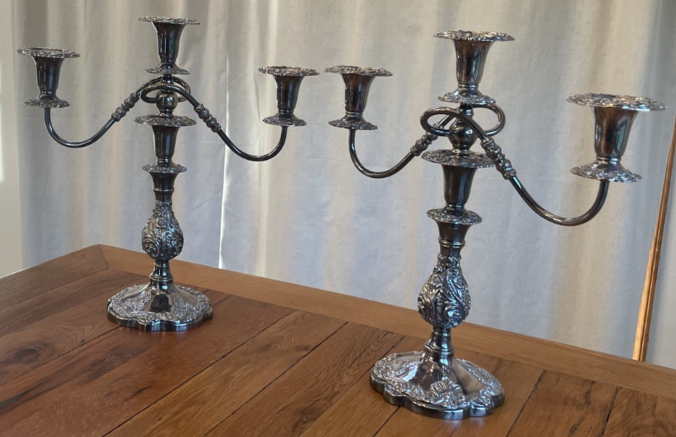 Antique Sheffield Silver Co 3 Light Candelabras ~1920 Silver on Copper 19″ PAIR