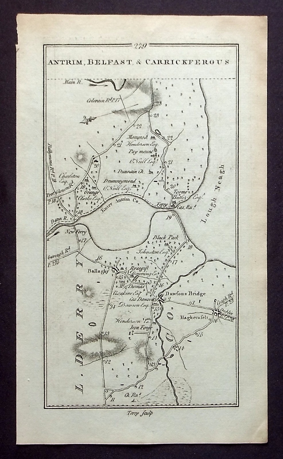 ULSTER ANTIQUE ROAD MAP, MAGHERAFELT, ANTRIM, BELFAST, Taylor & Skinner 1778