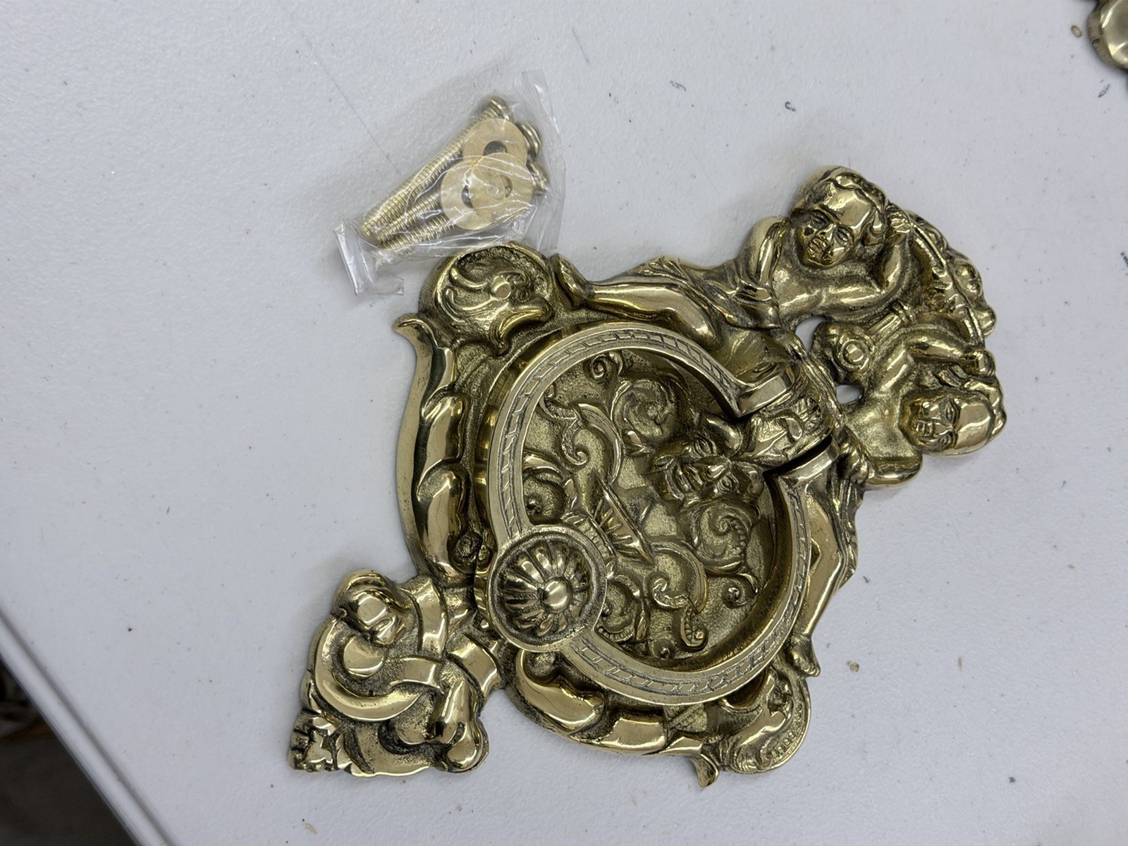 XL Solid Brass Door Knocker Cherubs Rams Head Dogs? Heavy 10″ Tall 7″ Wide OLD