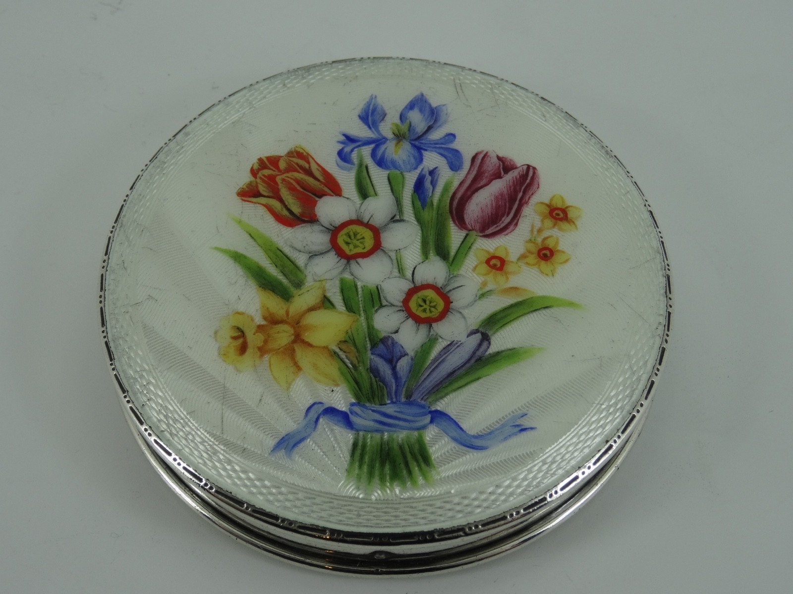 SOLID STERLING SILVER SPLENDID GUILLOCHE ENAMEL POWDER COMPACT BIRMINGHAM 1960