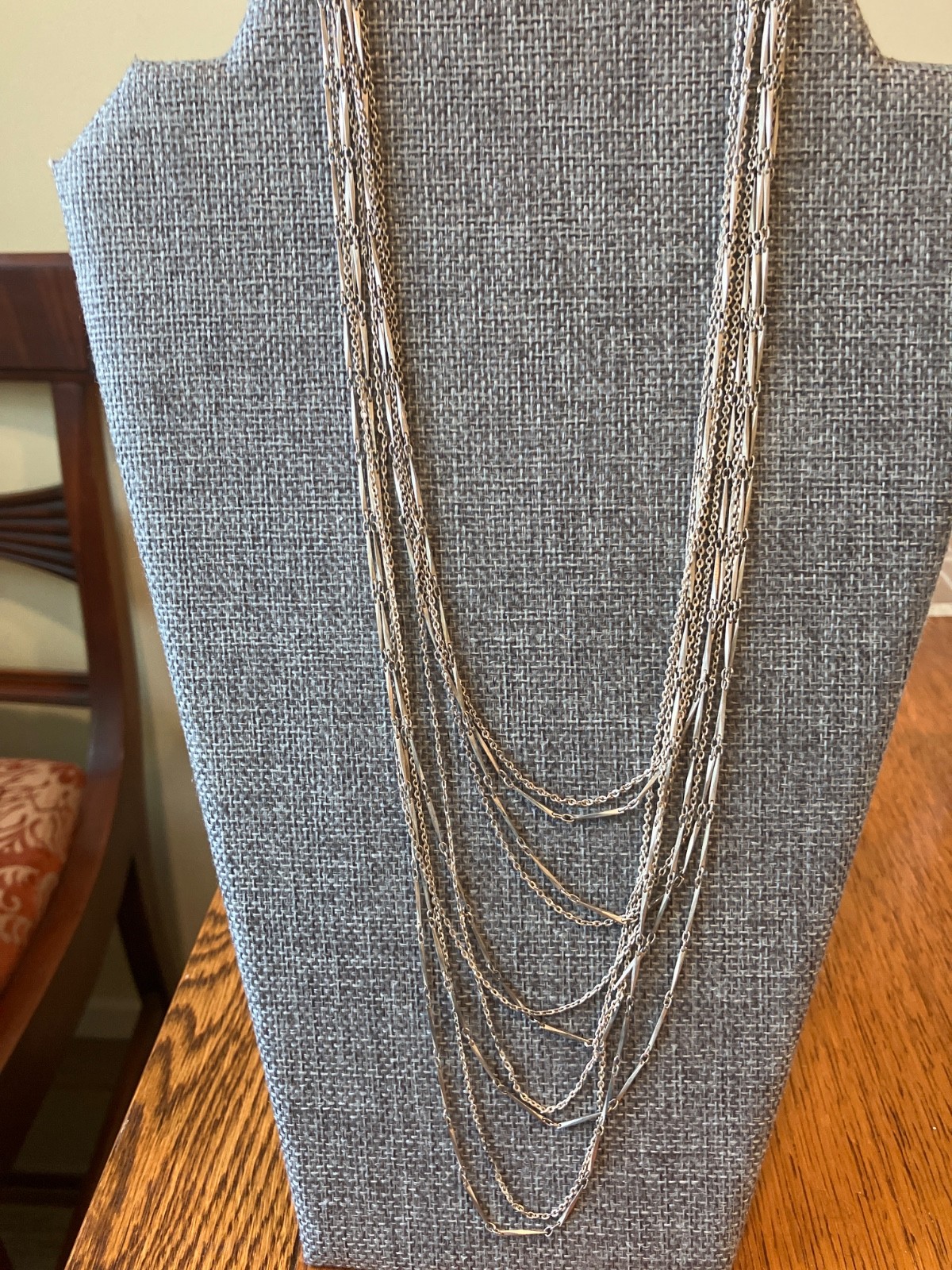 VINTAGE MULTI STRAND SILVER TONE CHAIN NECKLACE 26″ BAR LINK LAYERED 0.9oz