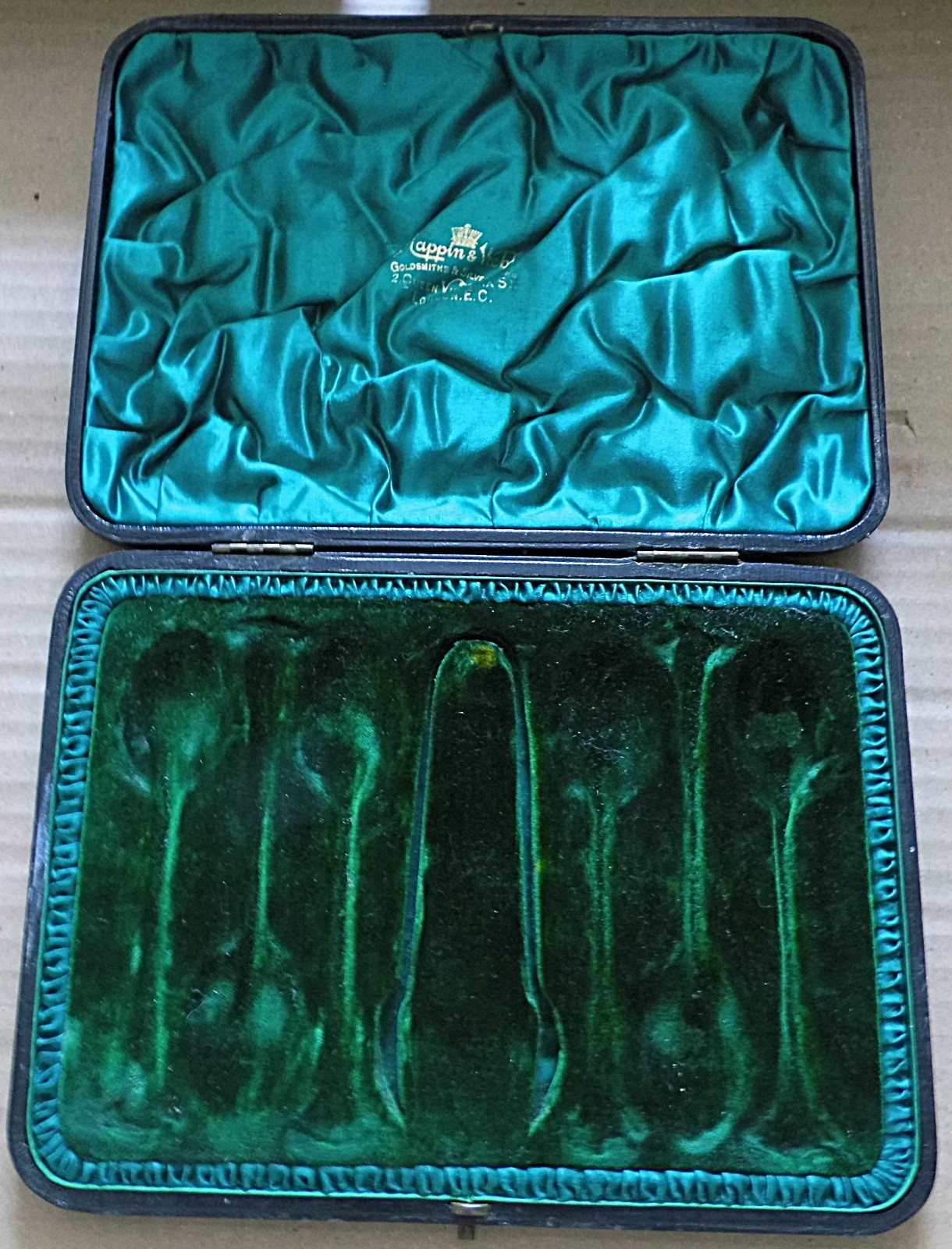 ANTIQUE MAPPIN & WEBB SILVER SPOON TONGS SET DISPLAY BOX WOOD SILK VELVET LINED