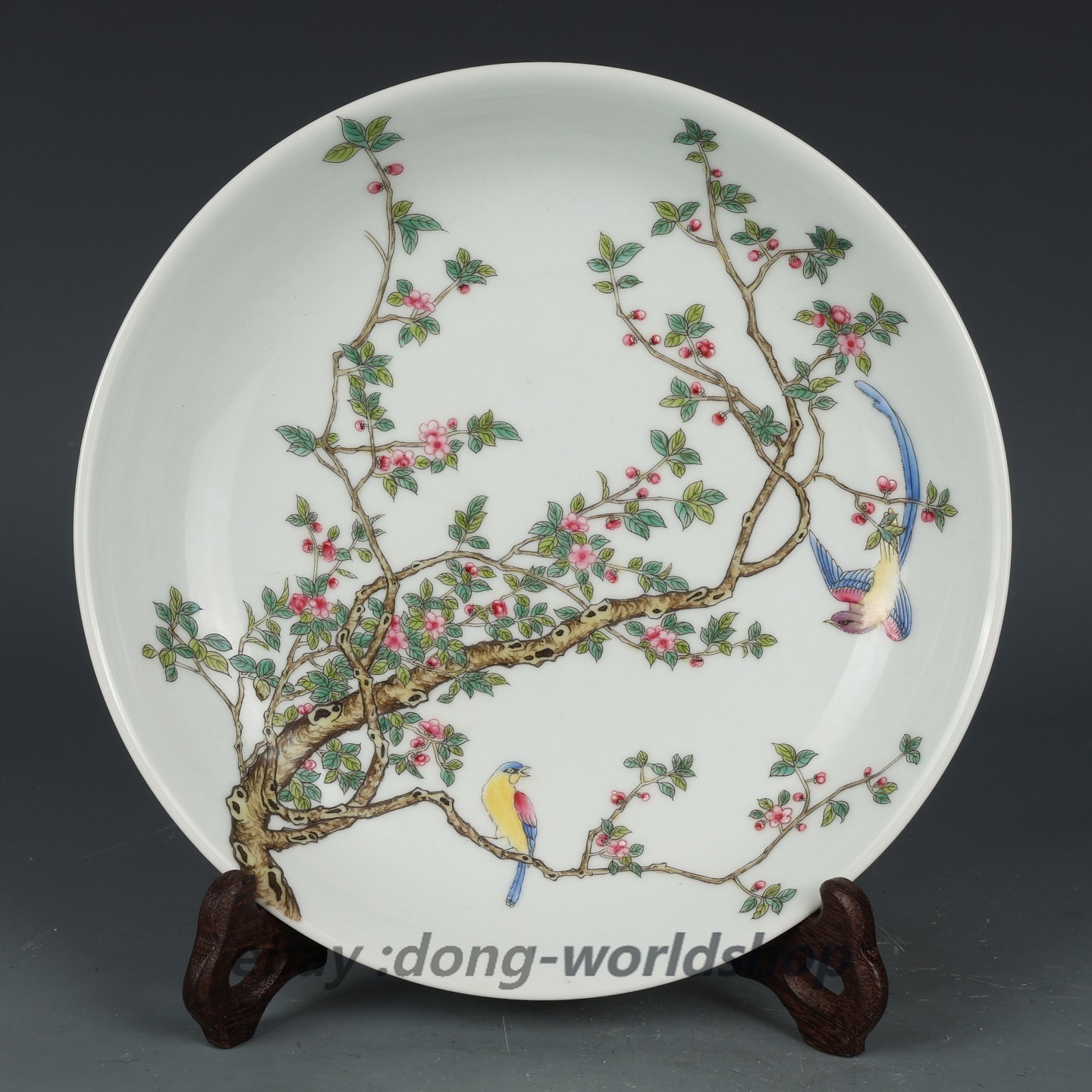 8.2″ China Qing Colour Enamels Porcelain Animal Magpie Prune Tree Plate