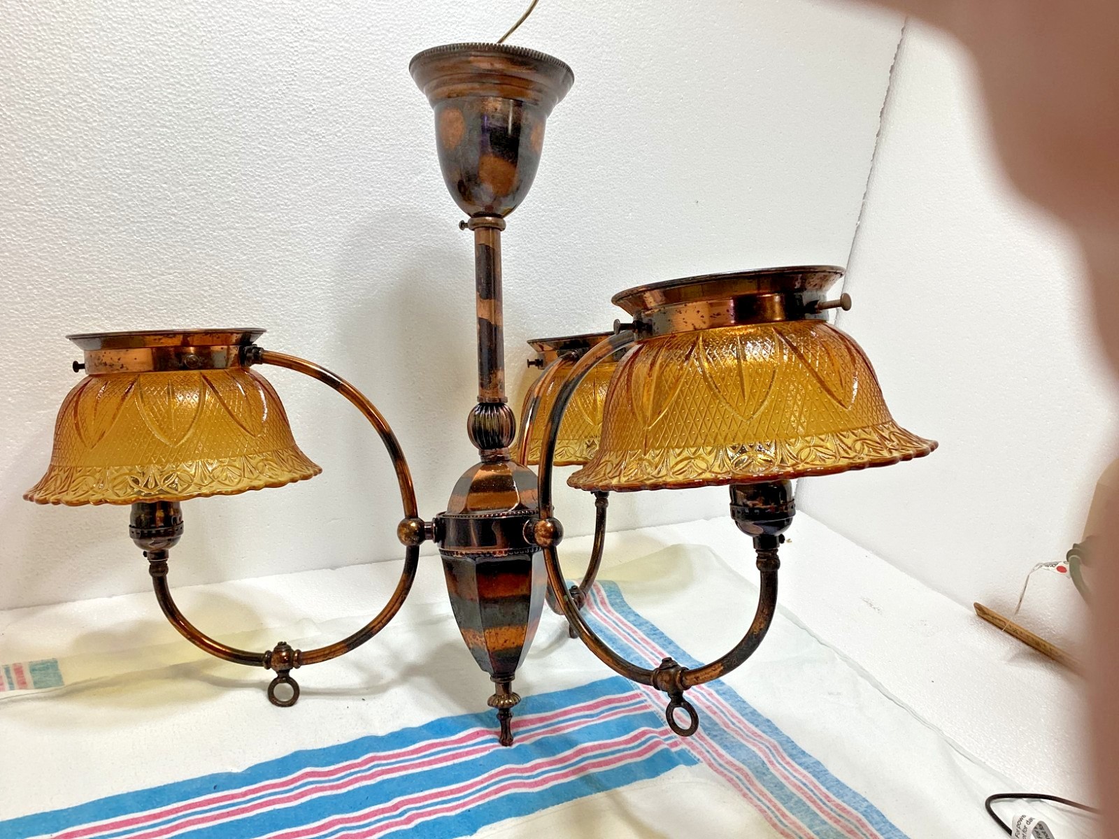 Antique 3-Arm Japanned Gas Ceiling Fixture Converted to Electric Amber S ha#4620