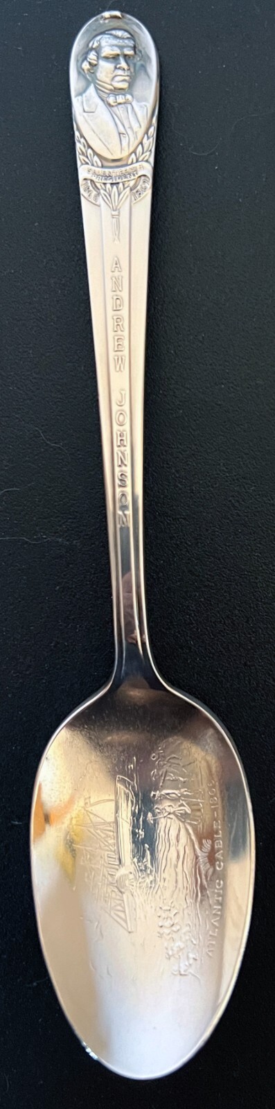 President ANDREW JOHNSON Wm. Rogers Souvenir Silverplate Spoon~Atlantic Cable