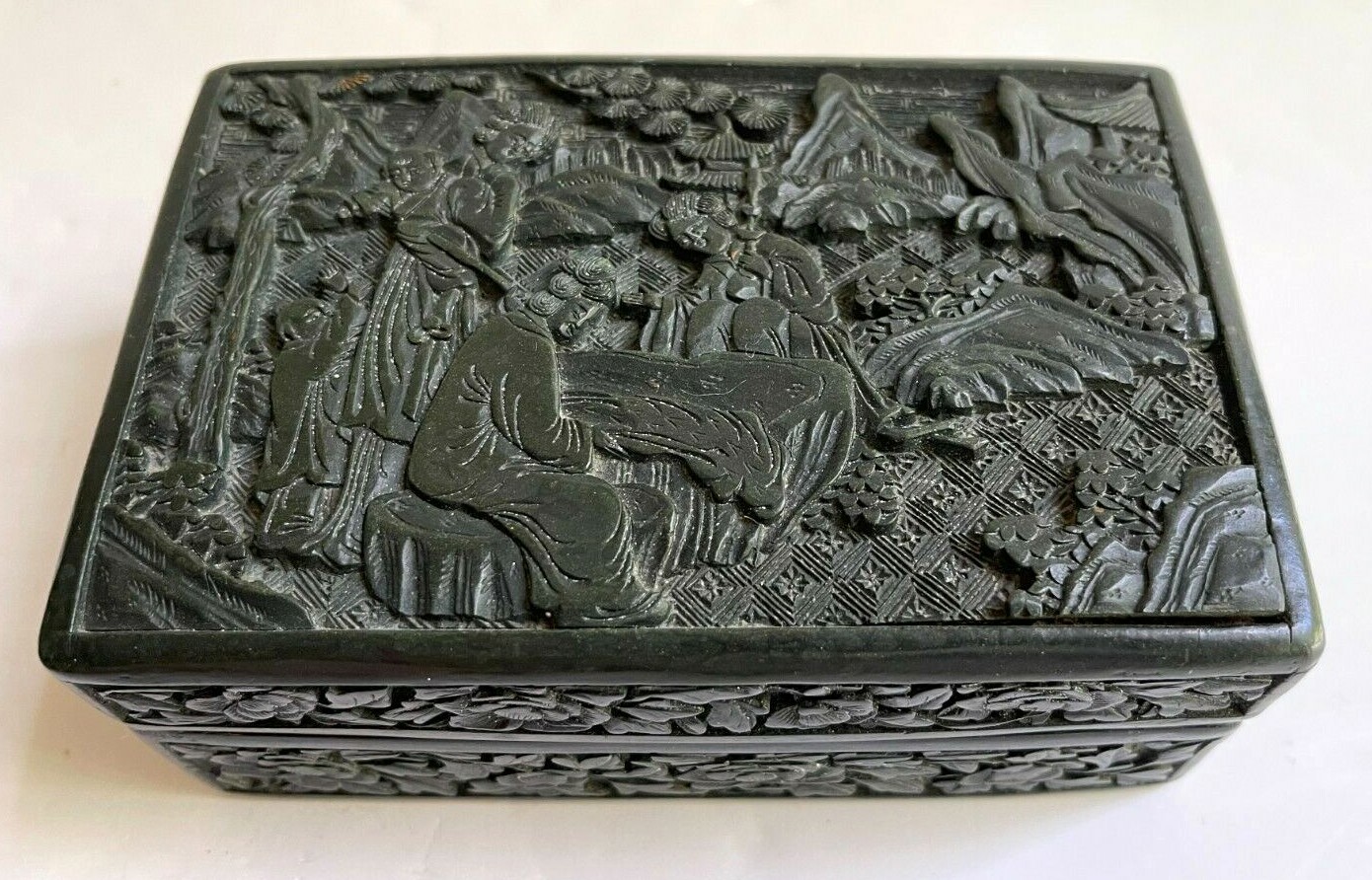 Antique Chinese Cinnabar Lacquer Carved Black Cigarette Box, C1900-1920’s, Rare