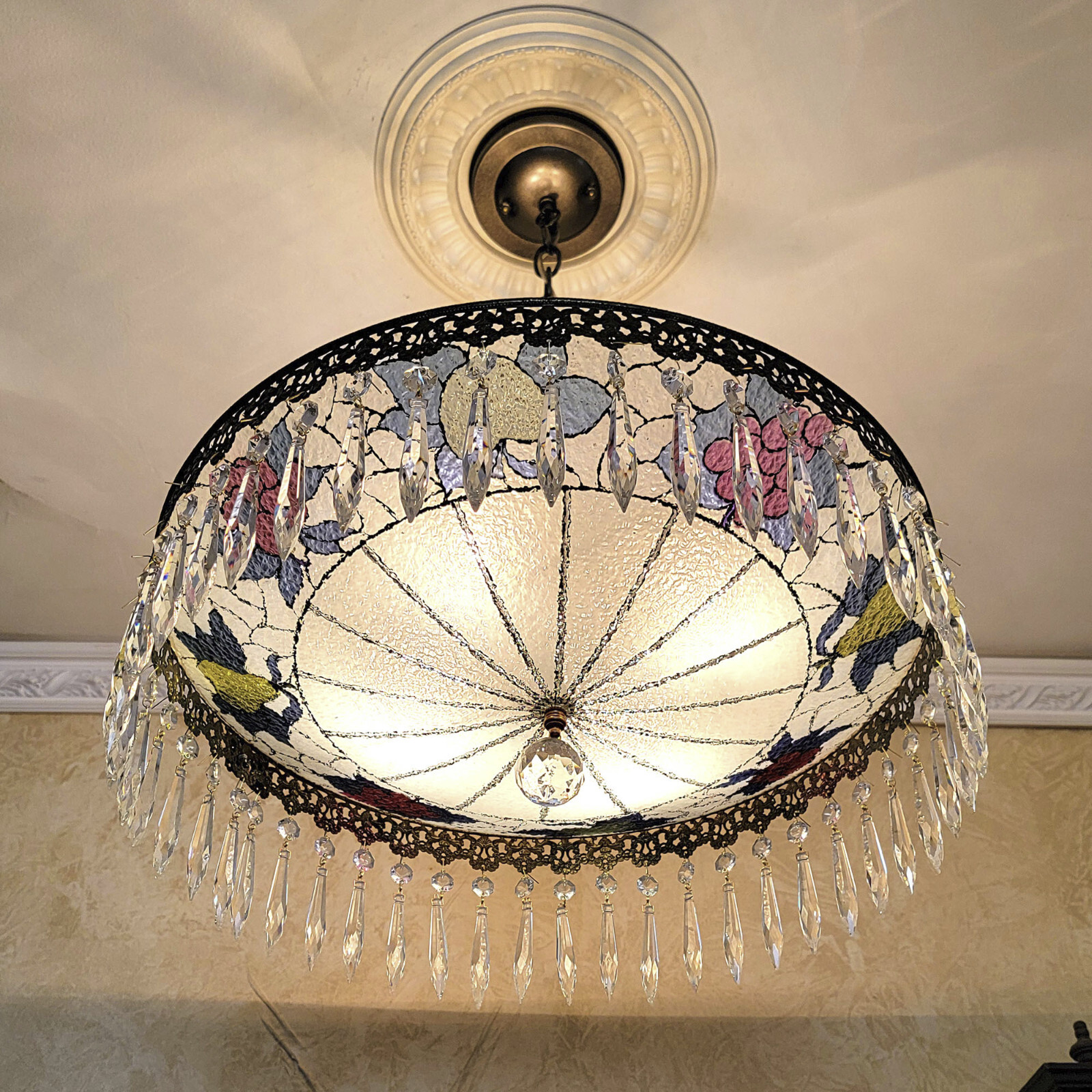 377c Antique Vintage 1930’s Ceiling Lamp Fixture Glass Chandelier Dining