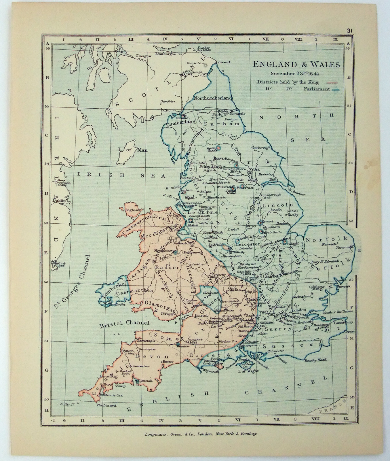 Vintage Map of England & Wales on November 23, 1644 by Longmans Green 1905