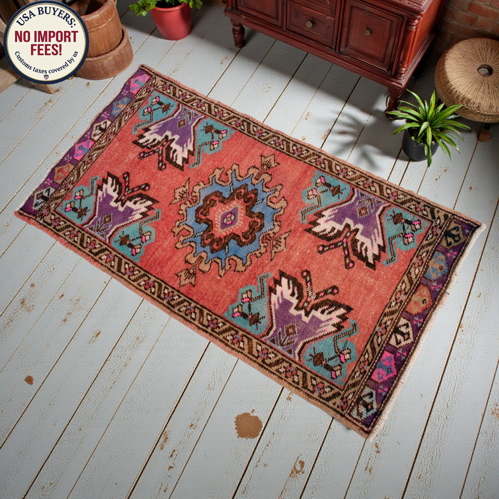 Vintage Turkish Rug Handmade Small Rug, Wool Doormat, Kitchen Rug, 2×3 ft approx