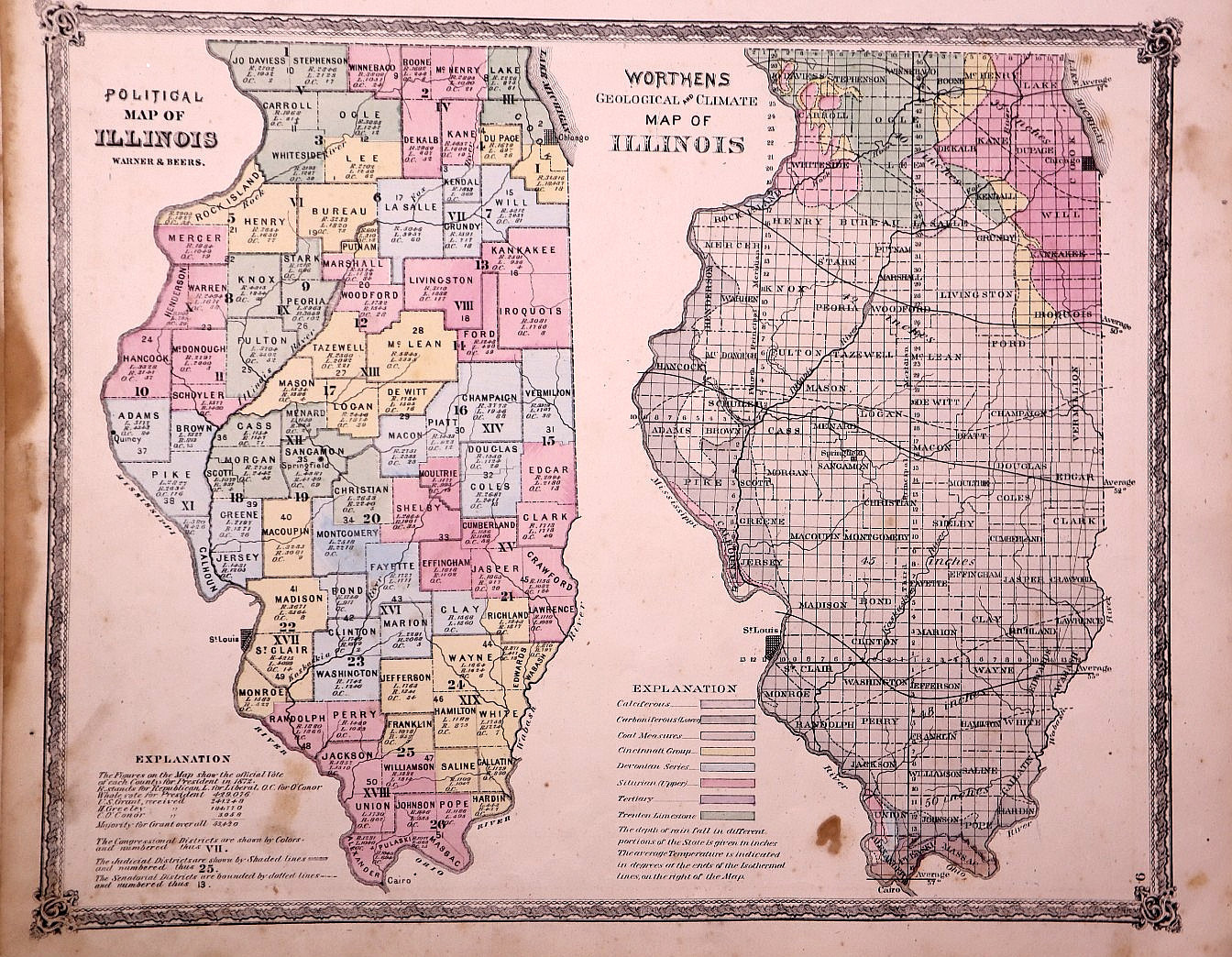 Antique 1873 Geological, Climate & Political Map – Illinois by Warner & Beers