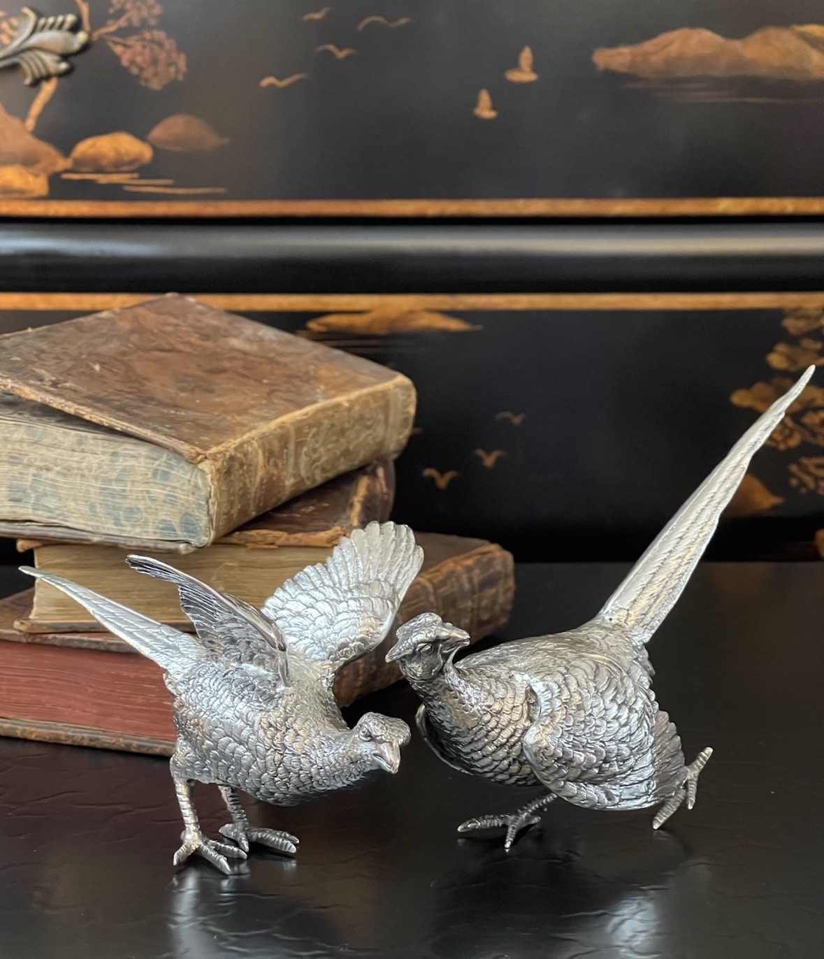 Rare English Sterling Silver Figural Pheasant Game Hunt Bird Pair 5.6/6” c1969