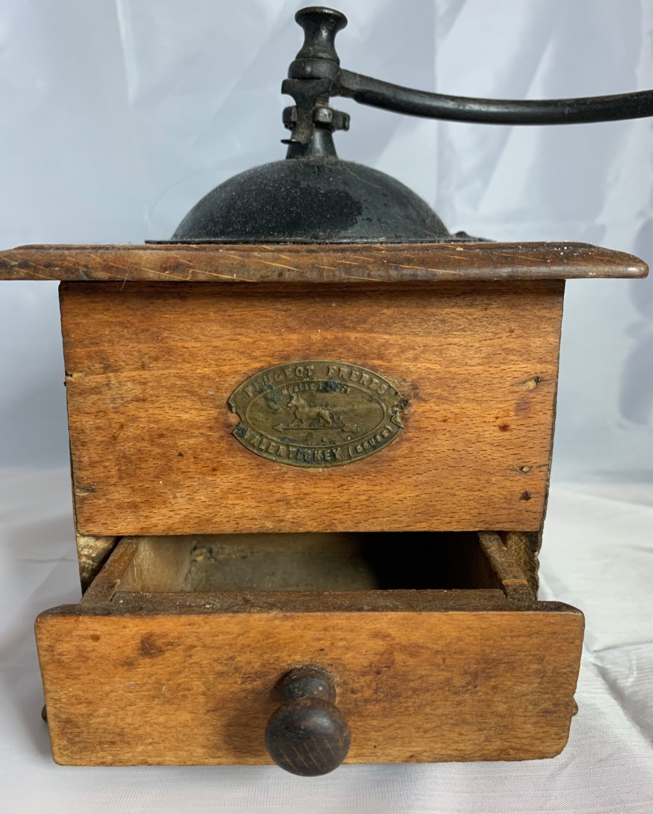 Antique Coffee Grinder Primitive Cast Iron Dovetail Wood Brass Label 1800s Excel