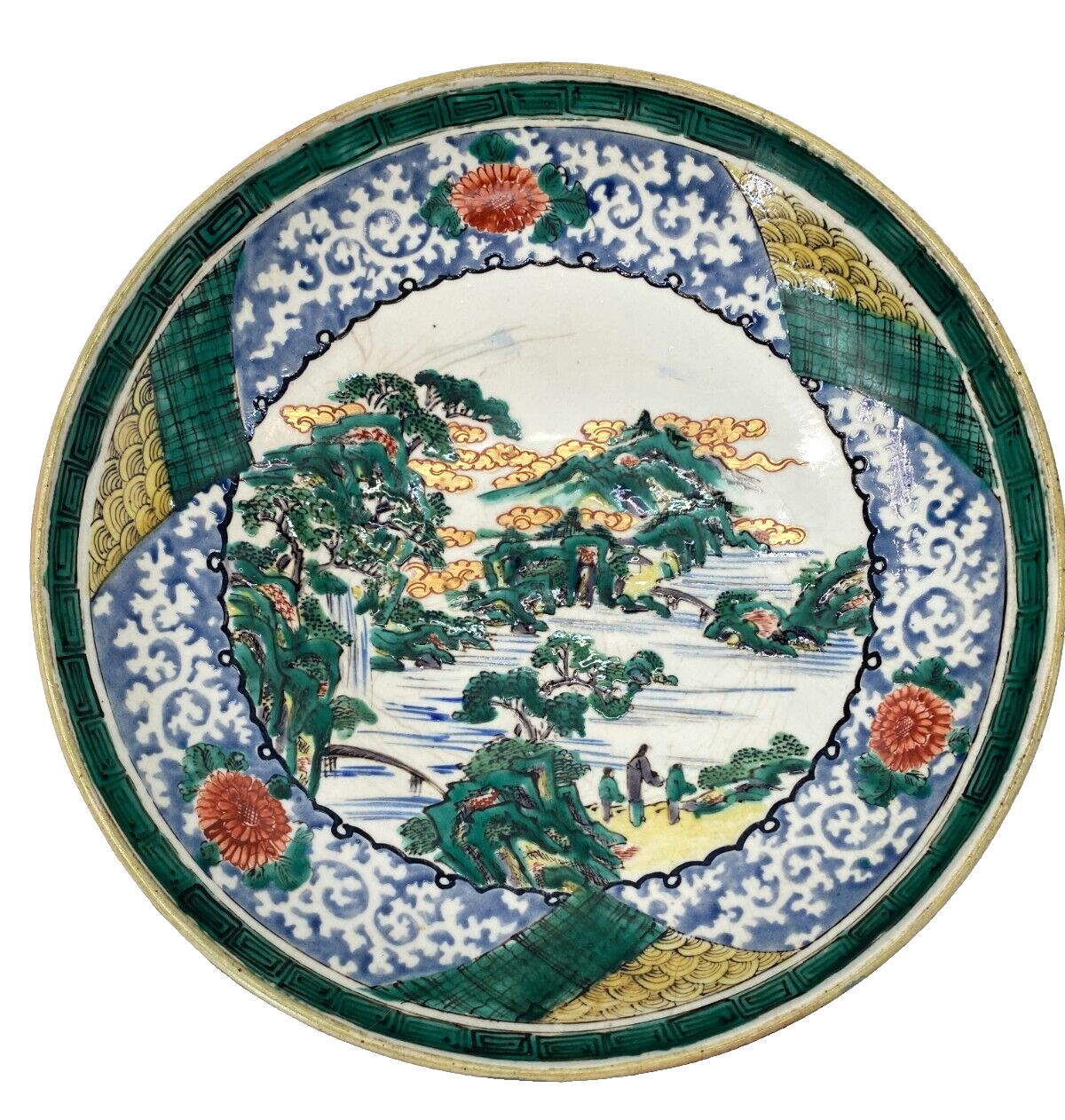 19th C Japanese Green Kutani Yoshidaya Kiln Charger Approx. 11 3/4 Inch Diameter