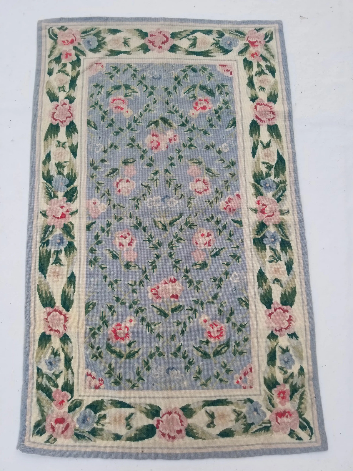Vintage French Needlepoint Handmade Floral Multicolor Wool Rug Carpet 4.4×2.7ft