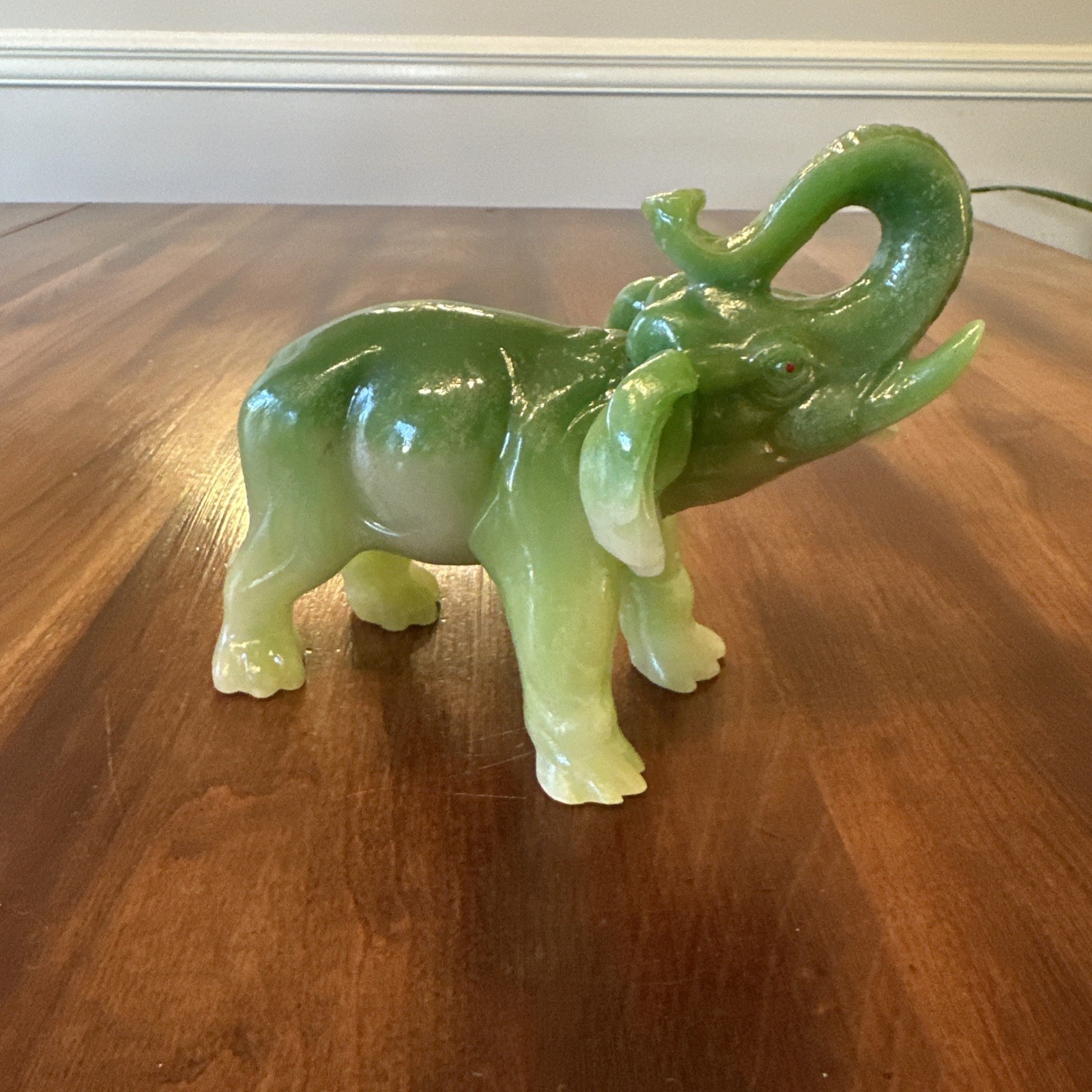 Vintage Elephant Statue Figurine Jade Faux Handcarved Lucky Feng Shui Trunk Up