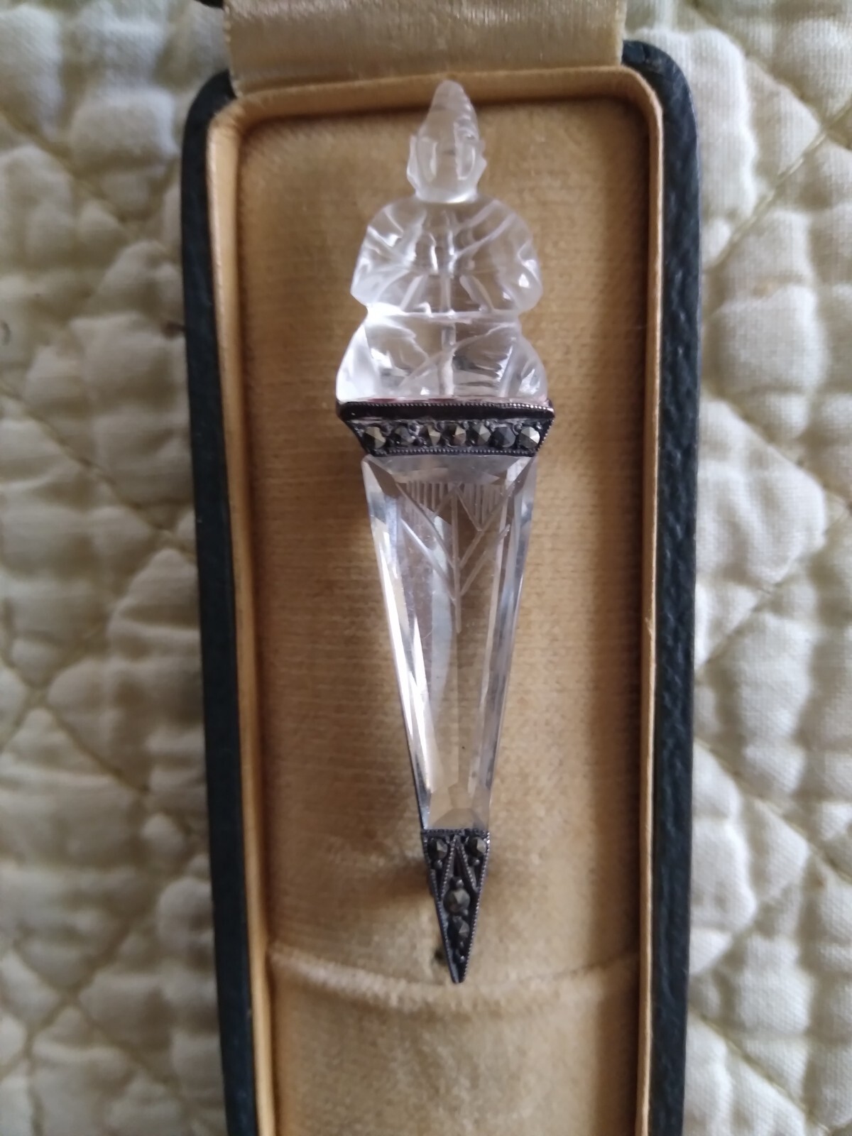 Antique White Buddha Jade Pure Silver Marcasite Religion Battle Crystal Artifact