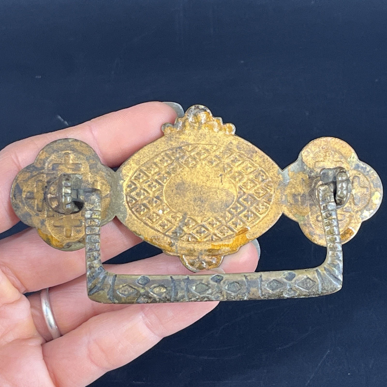 Antique Religious Solid Brass Drawer Pull With Backplate/Crosses
