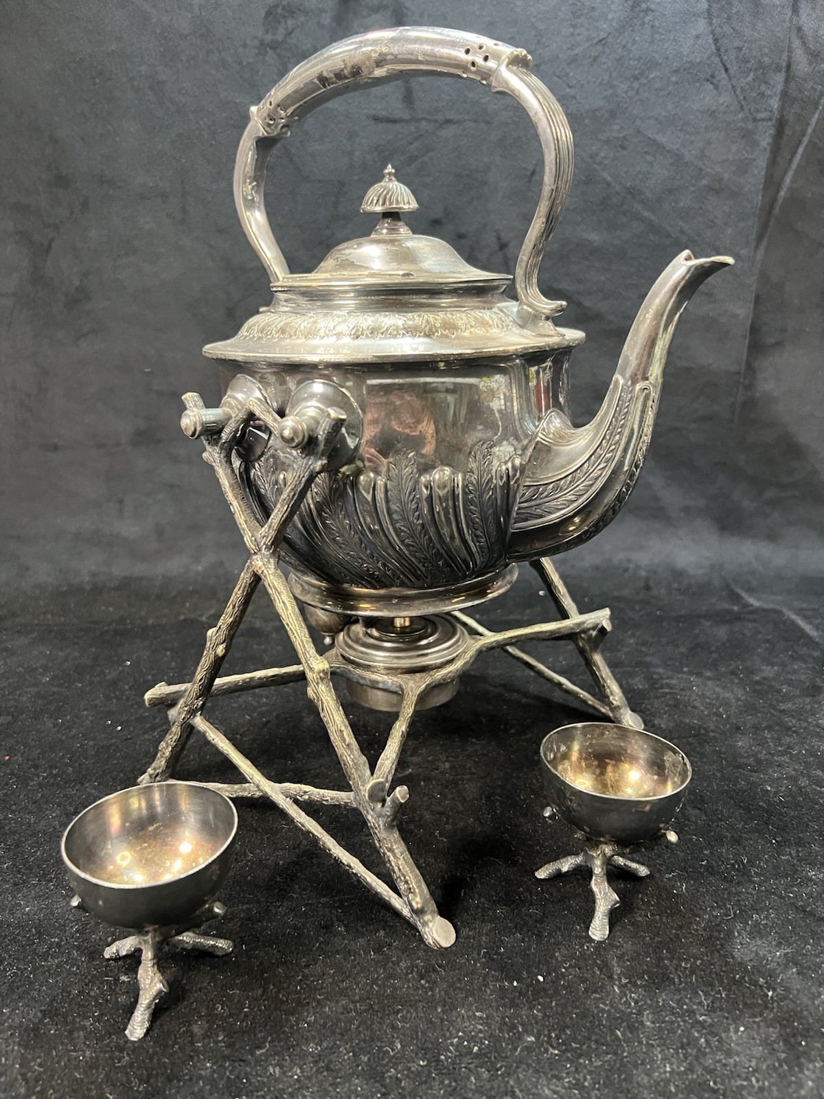 Walker & Hall Silver Plate Spirit Kettle – Holder – Warmer – Small Cups – 5 Pcs