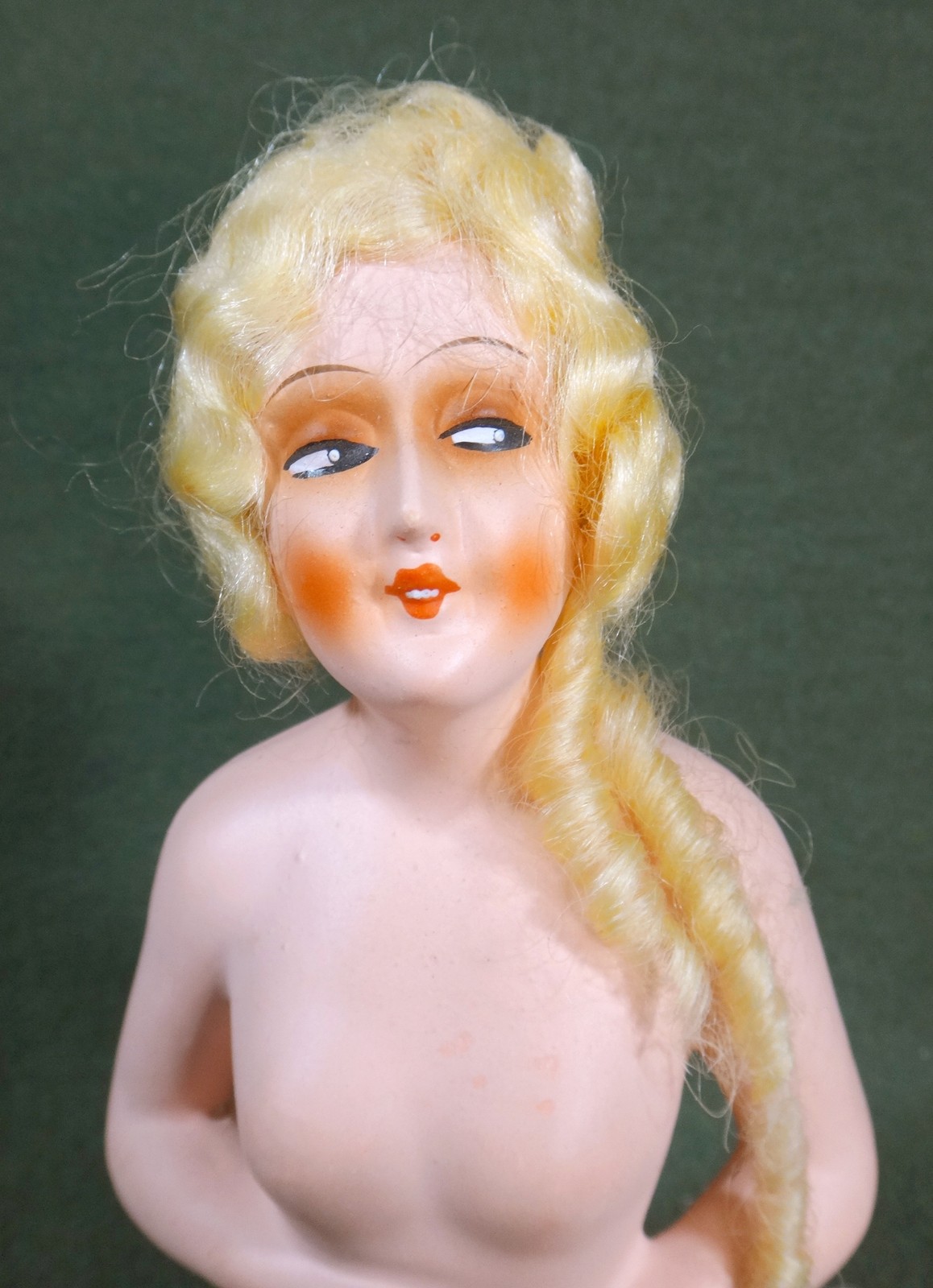 antique SIDE GLANCING papier-mache putz BOUDOIR HALF DOLL pincushion GERMANY