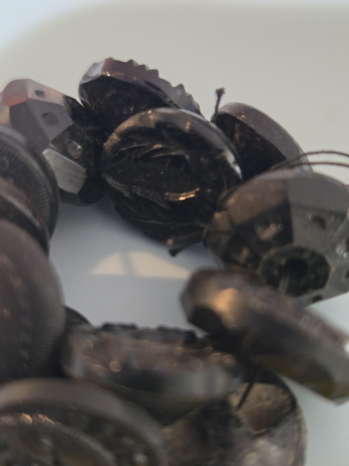 Charm String Buttons Novelty Rubber Co. Whistles Pictoral Pressed Black Glass
