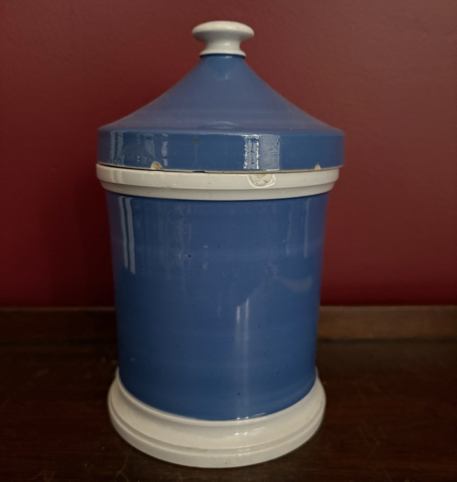 Antique Mocha Ware Pottery Blue / White Gaze Lidded Apothecary Jar English