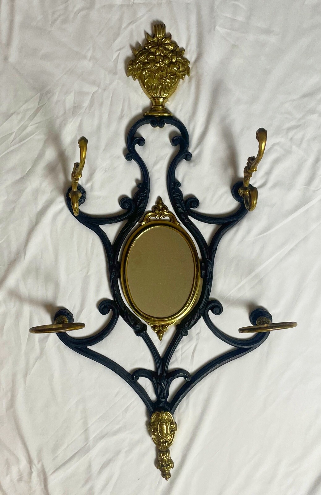 Antique Cast Iron Black & Gold Victorian Coat Rack, Mirror, hoops, hooks, 14 lbs