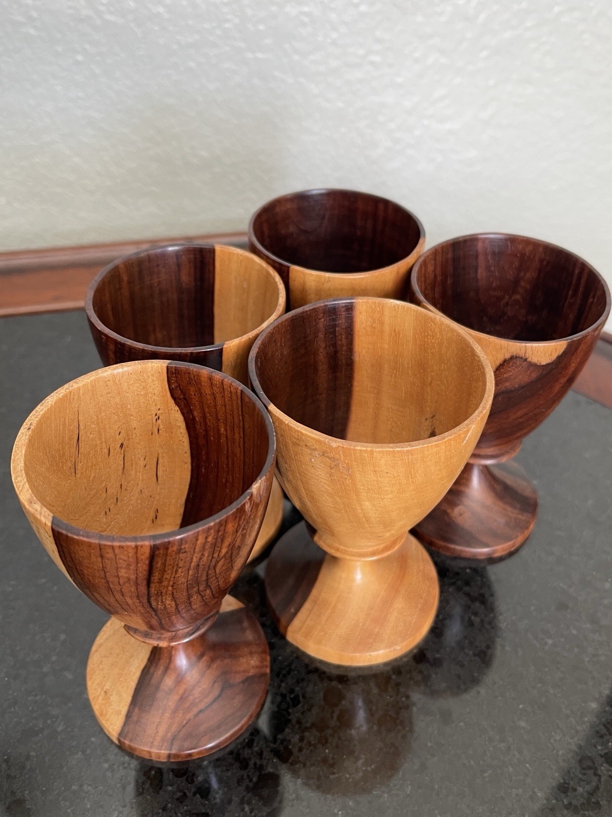 5 Antique Hand Turned Goblets Indian Rosewood (Dalbergia Sissoo) Treenware