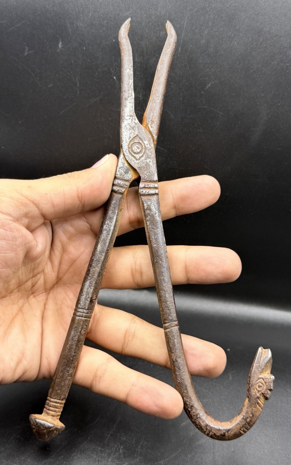 Antique Iron Blacksmith Tongs Animal Head Handle & Jaw Hand Forged Primitive Too