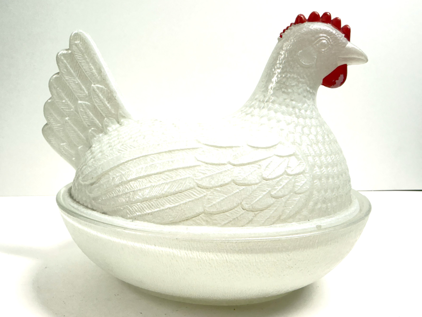 Rare Indiana Glass Hen on a Nest Clear with Stained White overlay