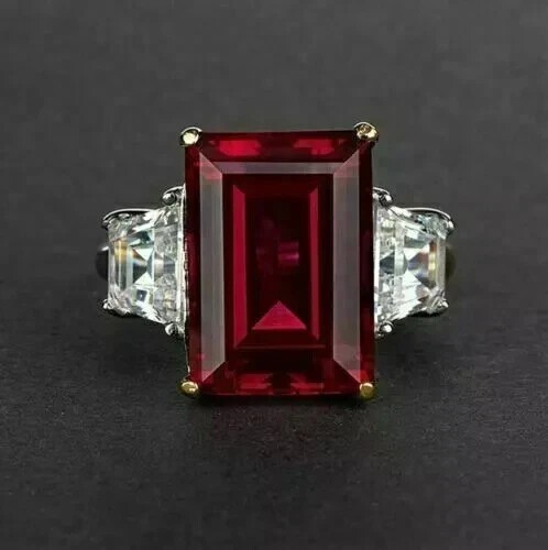 5Ct Emerald Cut Lab-Created 14k White Gold Finish Red Ruby Women’s Wedding Ring