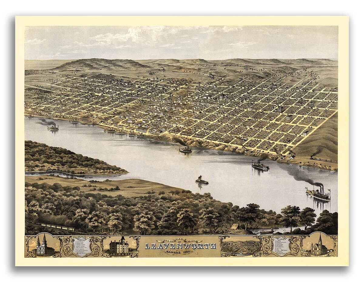 1869 Leavenworth Kansas Vintage Old Panoramic City Map – 18×24