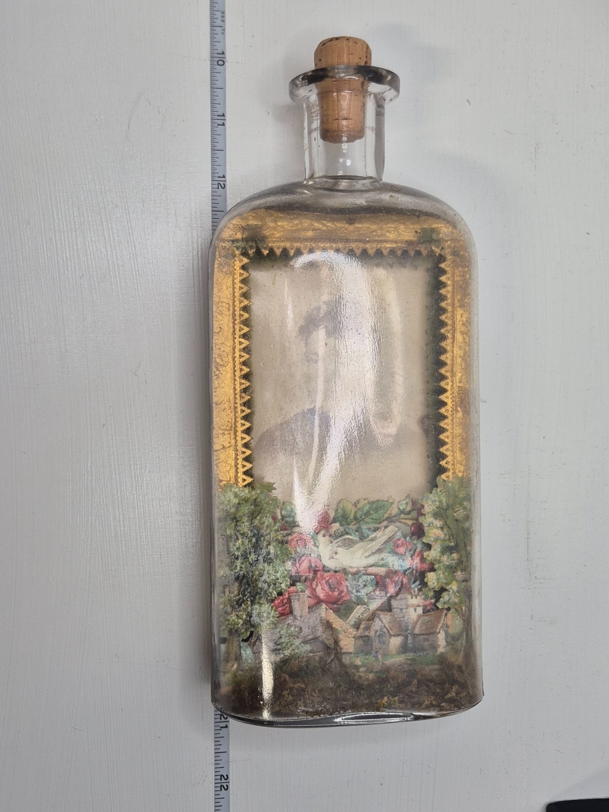 Very Rare Antique Memorial Whimsy Bottle with Gilt Framed Photo and Die-cuts