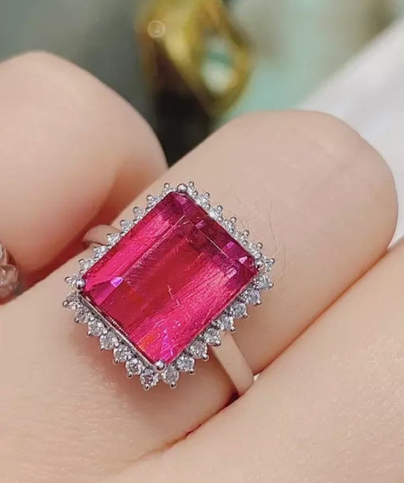 7.40 Ct Emerald Cut Natural Ruby And Diamond Ring 14K White Gold Size 6