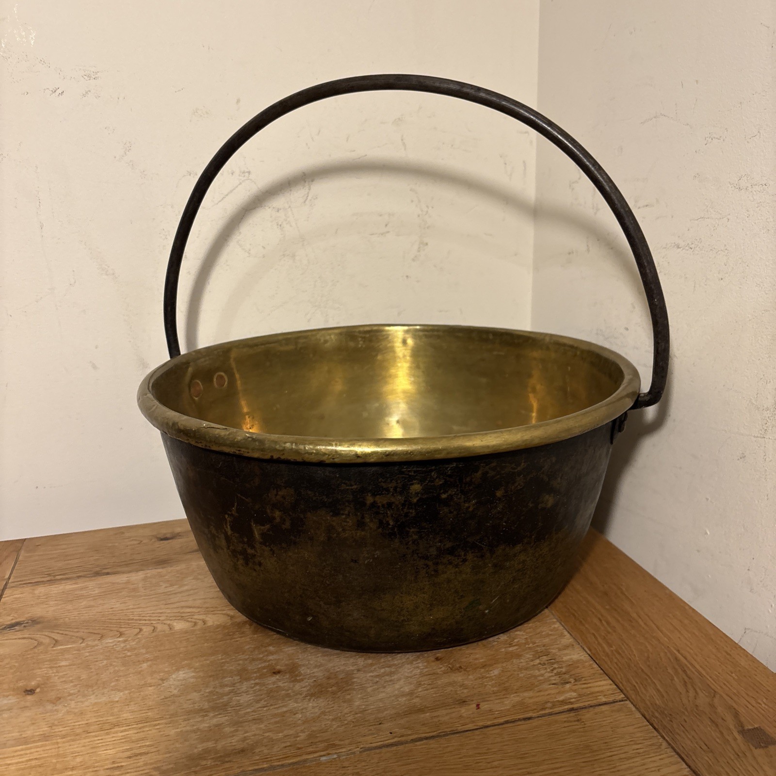 Antique Scottish Large Brass Cauldron Jam Cooking Pot wrought Iron Handle Heavy