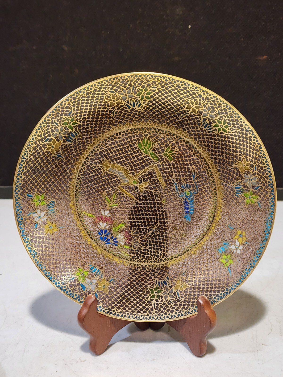 Vintage Chinese Plique a Jour Enamel 8″ Blue and Pink Floral Lobster Plate
