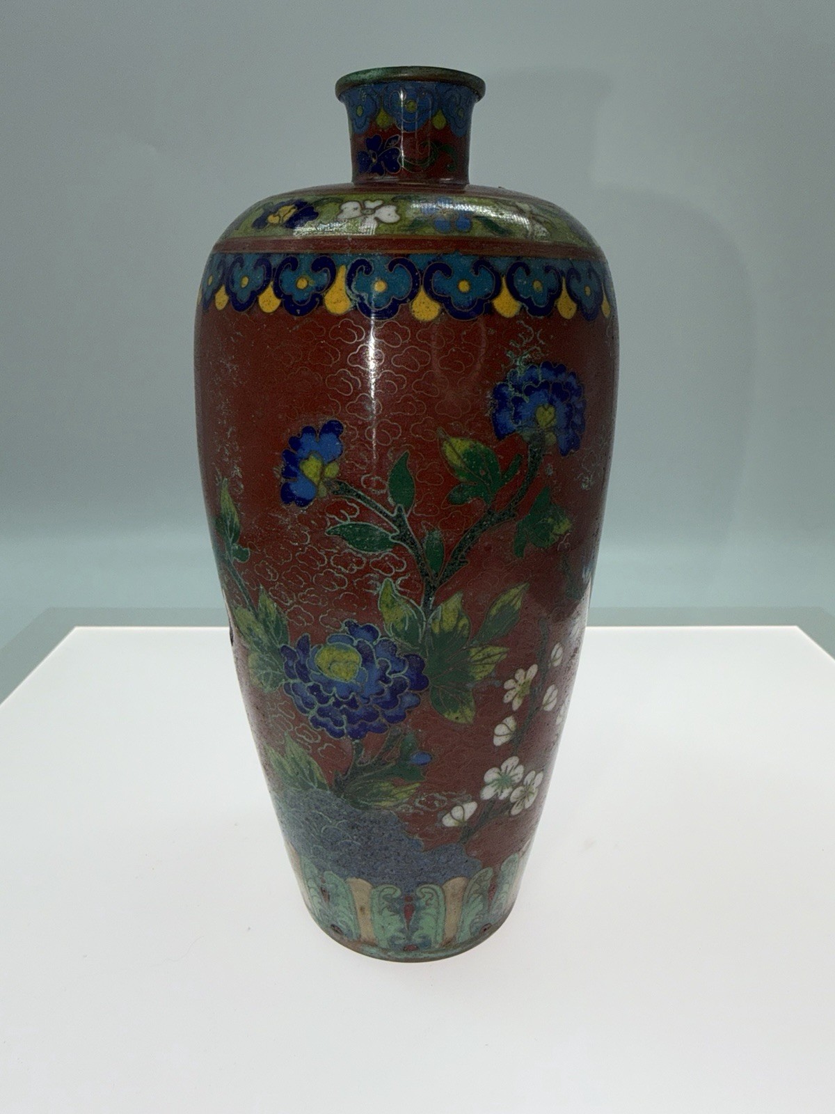 Vintage Chinese Cloisonné Vase Stunning Bronze Copper Underlay Makers Mark 7.5”