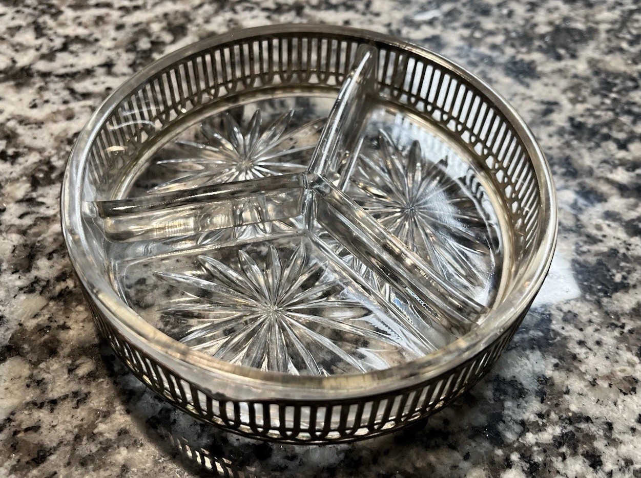 Vintage E & JB Glass Divided Relish/Nut/Candy Dish With Silverplate Holder
