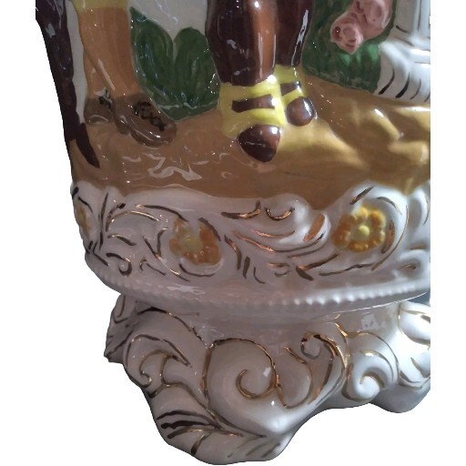 Colonial Theme Ceramic Embossed Handpainted Umbrella Cane Stand Vase 17″x10″ Vtg