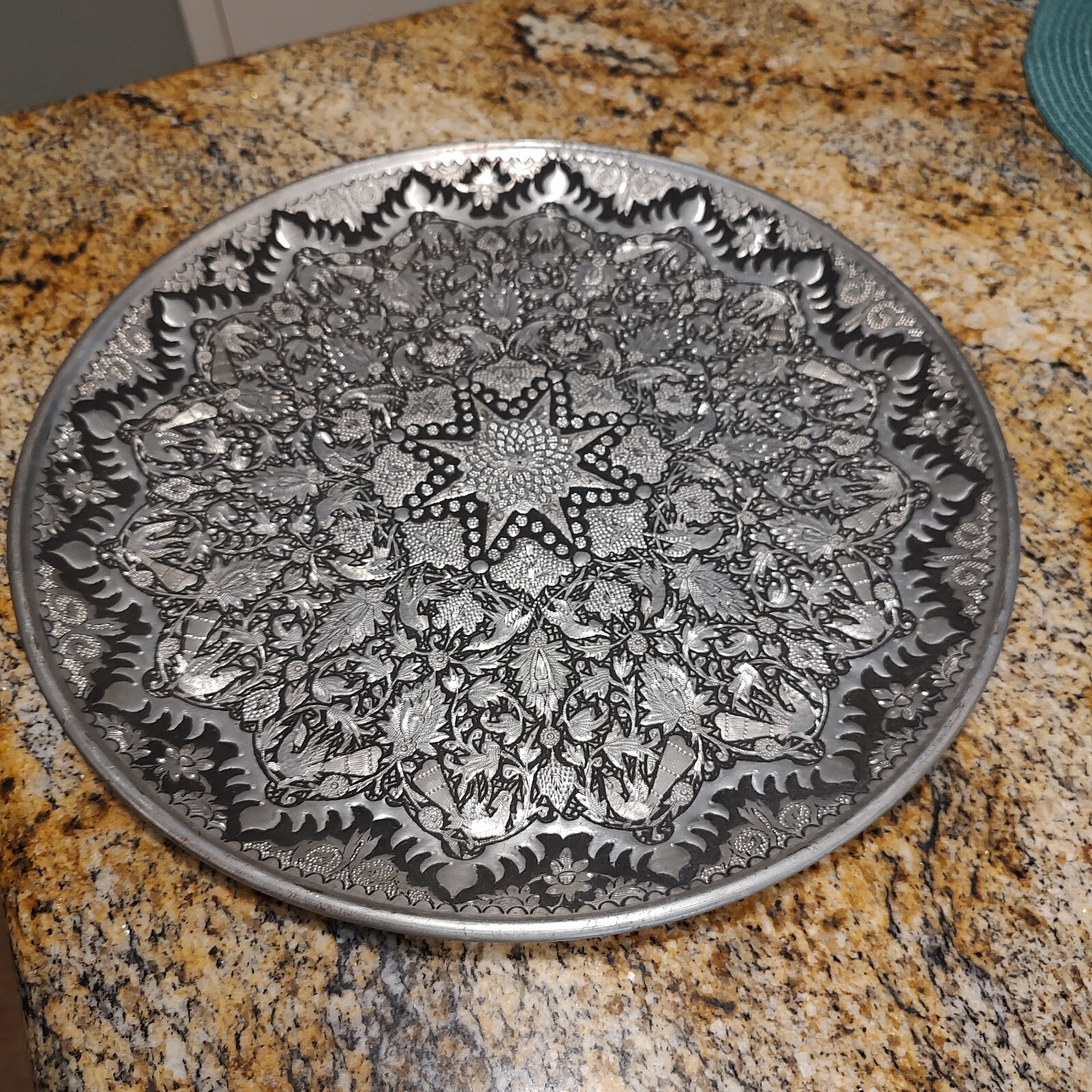 Vintage Handmade Vintage Middle Eastern Round Silver Tray  Floral Design