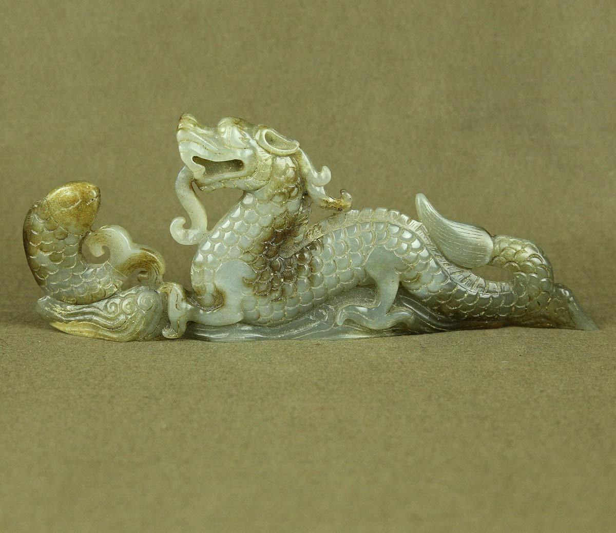 Tang Dynasty Animal Figurine 7.9″ Chinese Antique Jade Statue Dragon With Fish