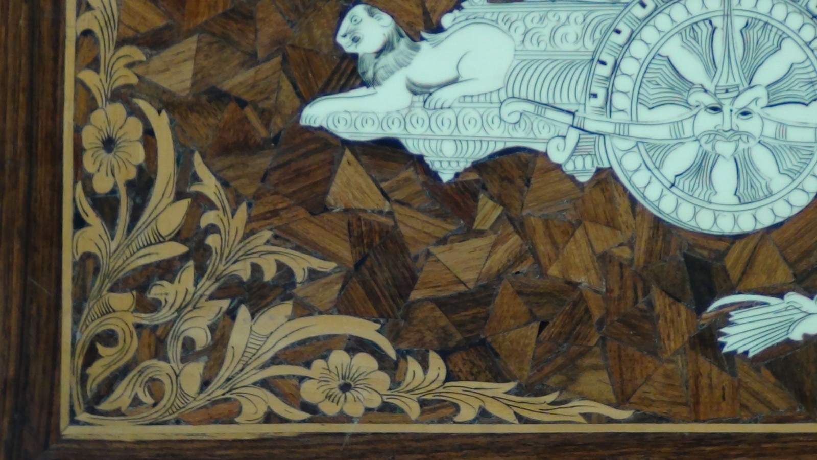 ANTIQUE 19c SOUTHEAST ASIA WOOD INLAID WALL PLAQUE WITH GODDESS ON CHARIOT