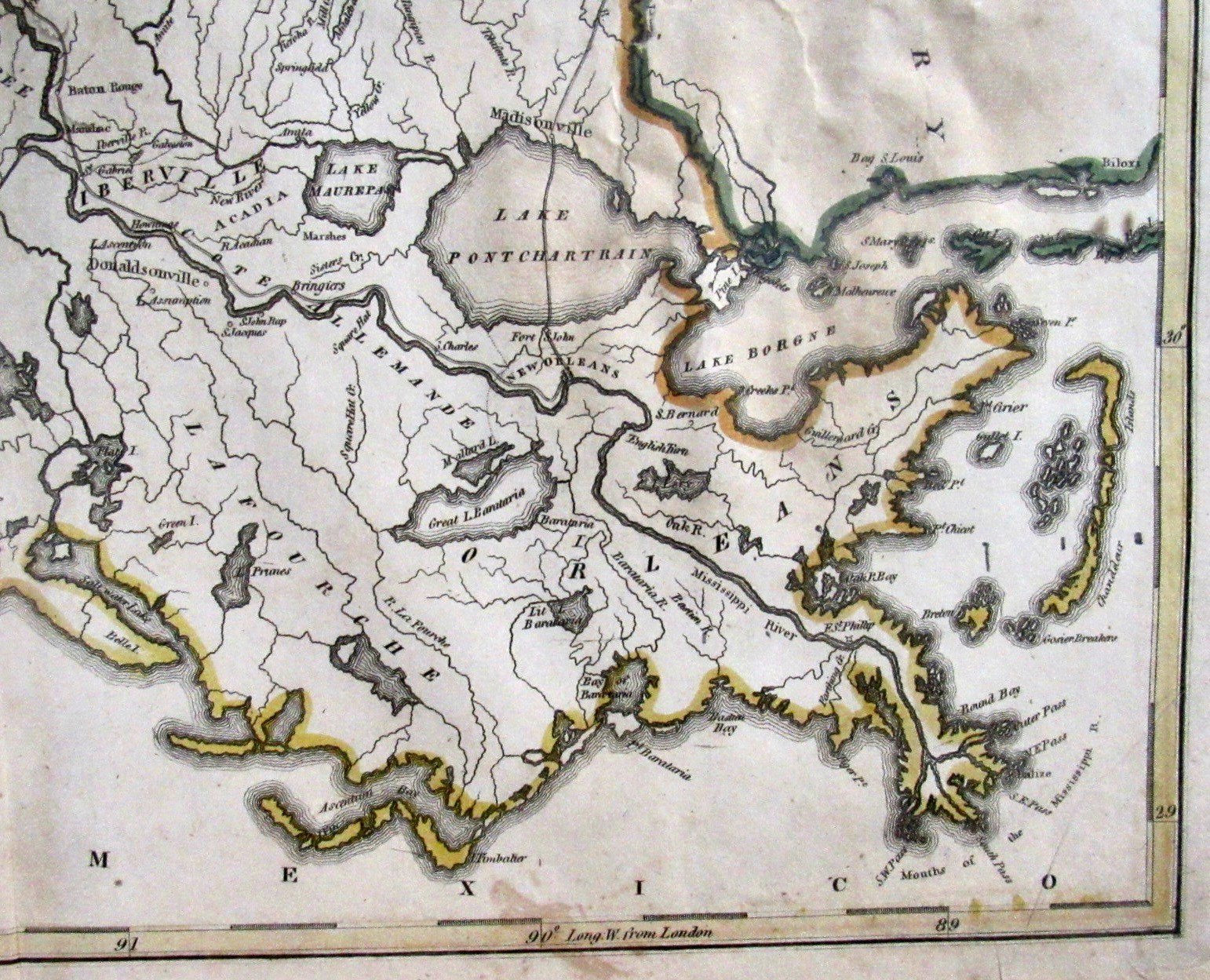 LOUISIANA FROM THE BEST AUTHORITIES S. CAREY 1814 HAND COLORED MAP MATTED