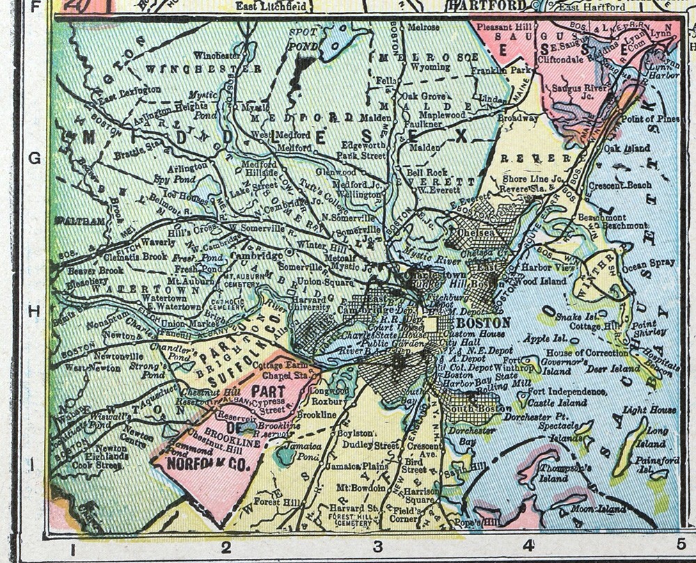 1899 Georg Cram Map Massachusetts Rhode Island Cape Cod Plymouth Salem Newport