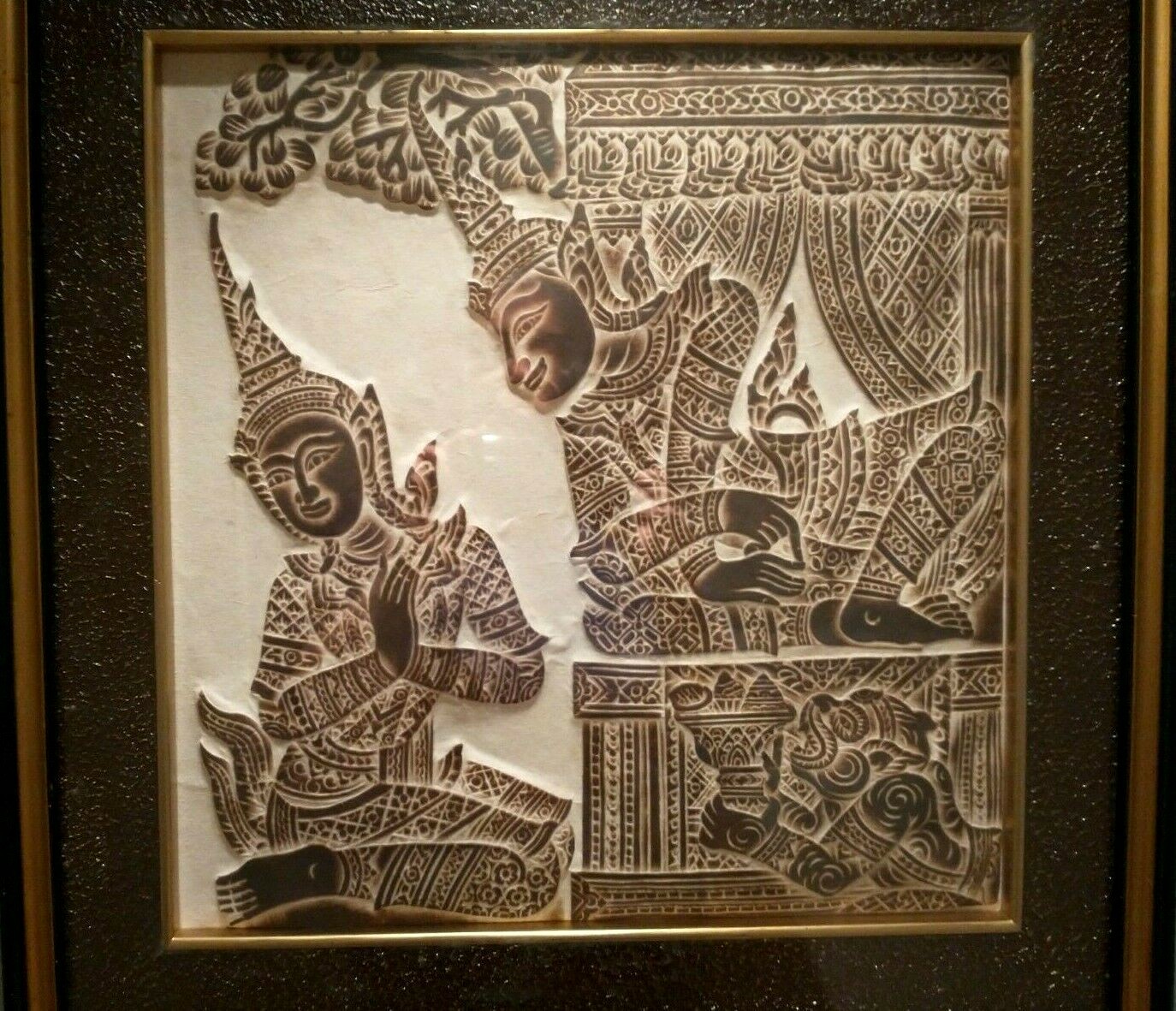 Asian Framed 3 Dimensional Relief Print Figural Art 22″ X 22 3/4″
